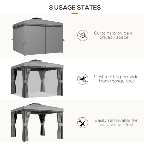 10' x 10' 2-Tier Outdoor Gazebo Canopy Tent with Zippered Mesh Sidewalls, Aluminum Frame for Patio, Backyard Light Gray