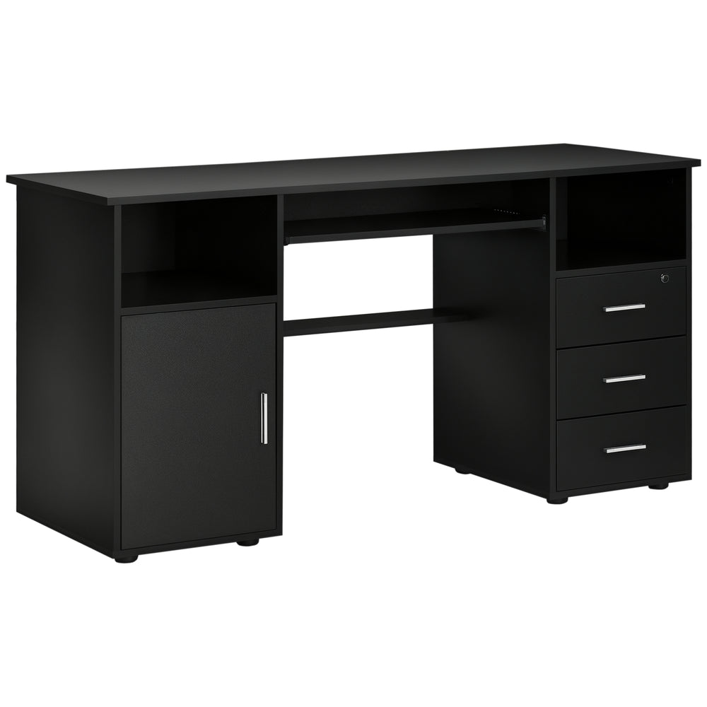 Bureau d'ordinateur avec tiroirs, plateau pour clavier, étagères ouvertes et tiroir verrouillable, noir