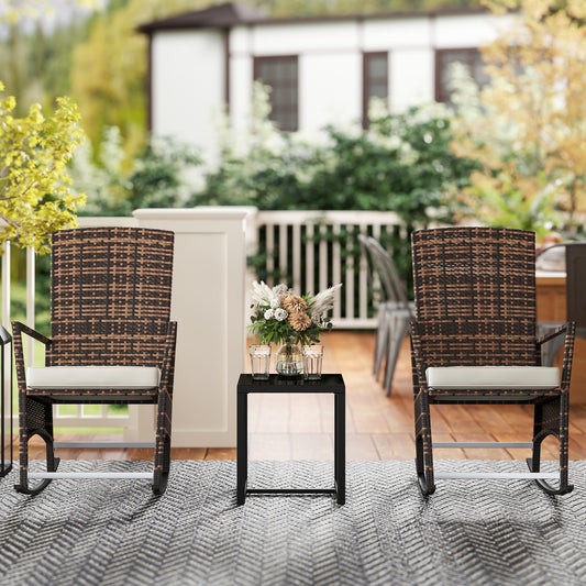 Outsunny 3-Piece Rocking Bistro Set, Wicker Patio Furniture with 3-Tier High Back Reclining Rocking Chair, Glass Table, White