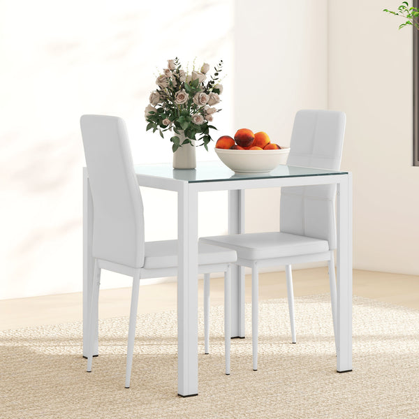 Ensemble de tables et chaises en verre avec structure en métal et revêtement en similicuir pour salle à manger, blanc