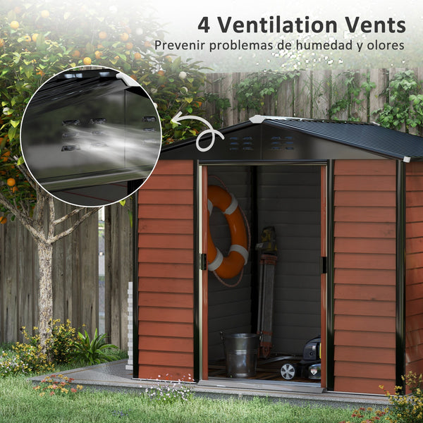 Abri de jardin en acier galvanisé avec portes verrouillables et structure de plancher, couleur teck