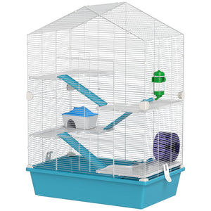 Cage pour hamster à 5 niveaux avec plateformes, rampes et accessoires – Blanc et bleu pâle