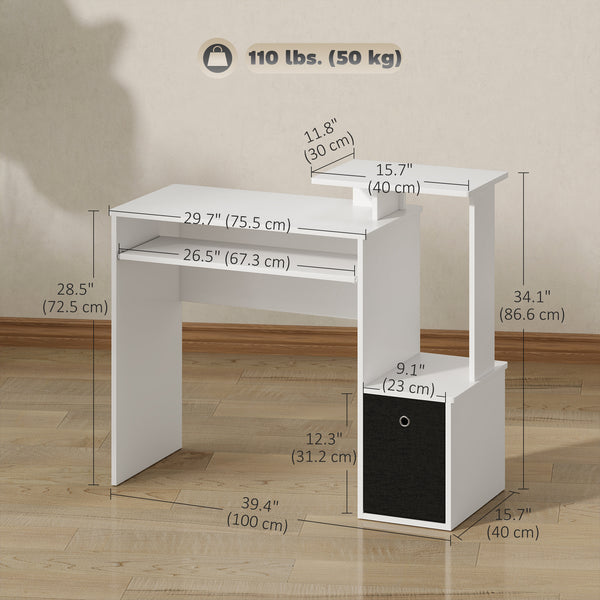 Computer desk with sliding keyboard tray, white