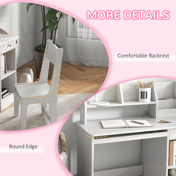 Kids Desk and Chair Set for 5-8 Year Olds with Storage, Study Table and Chair, White