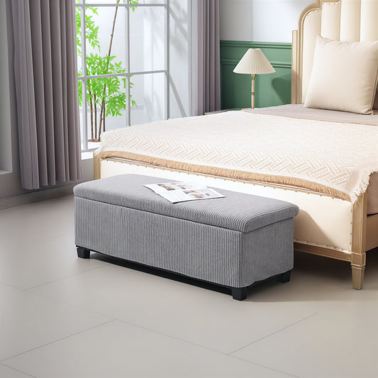 Pouf avec rangement, couvercle, pieds, banc de bout de lit en velours, gris clair