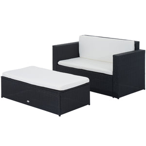 Ensemble de salon 2 pièces en osier avec causeuse et pouf deux places, blanc crème