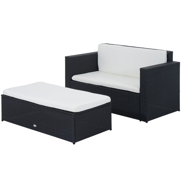 Ensemble de salon 2 pièces en osier avec causeuse et pouf deux places, blanc crème