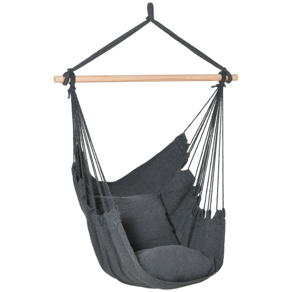 Hamac suspendu en macramé de coton avec deux coussins moelleux, gris foncé