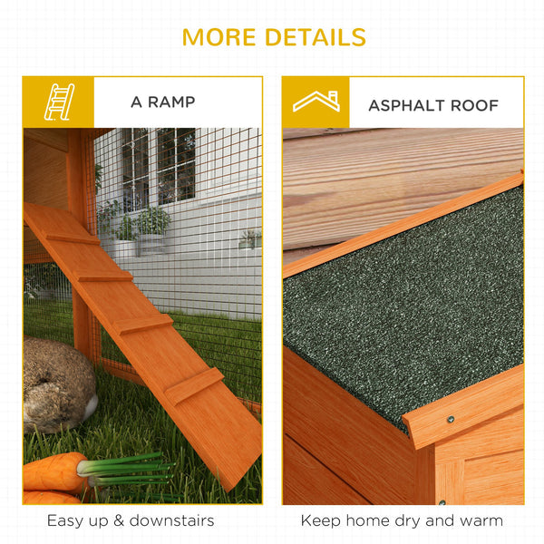 Two-tier rabbit hutch with run and water/UV-resistant roof