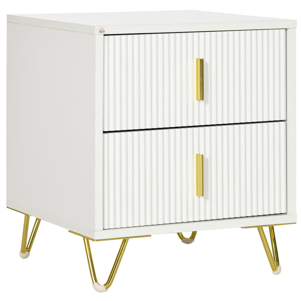 Table de chevet moderne avec 2 tiroirs et pieds en métal blanche