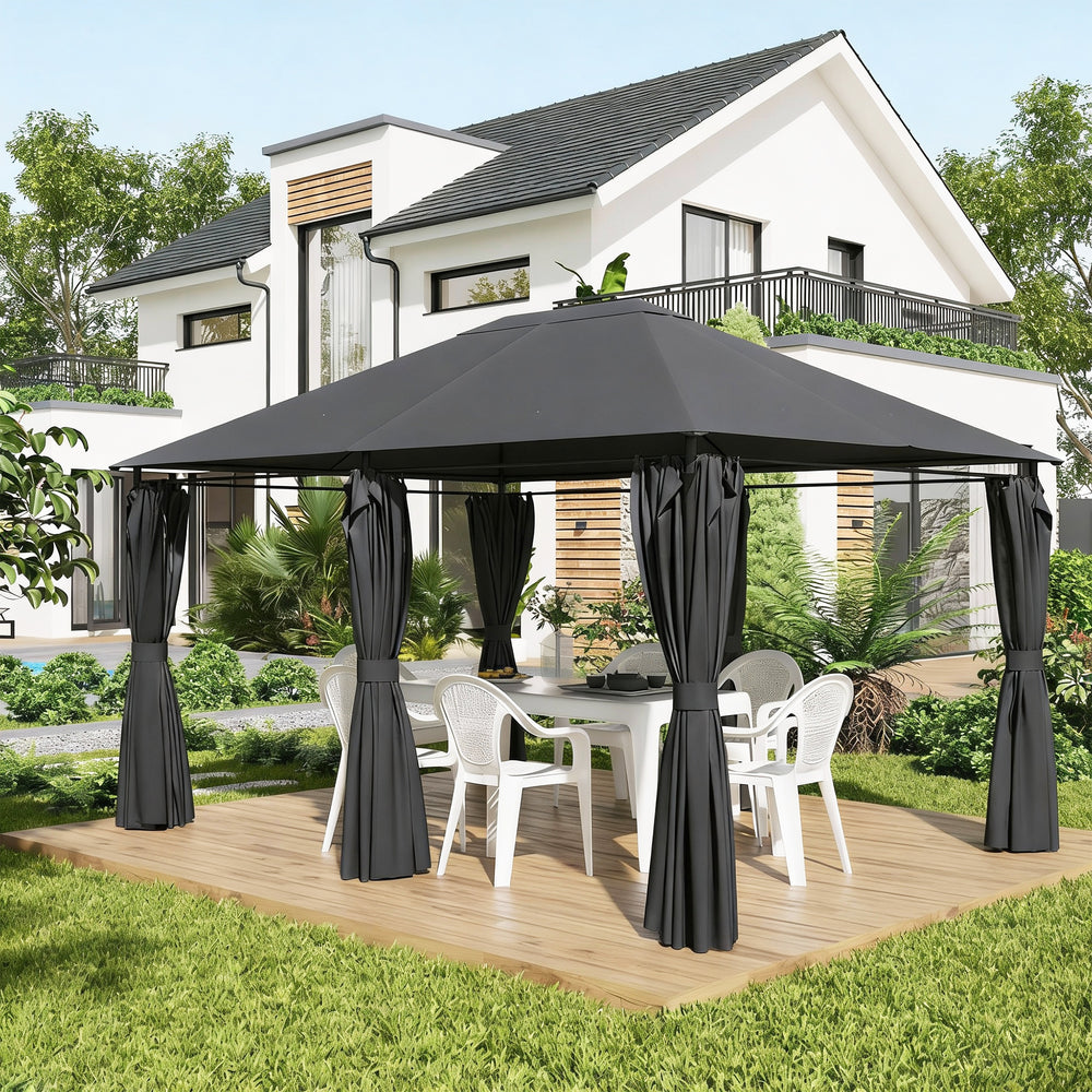 13'x 10' Soft-top Steel Patio Gazebo Canopy Party Tent with 6 Removable Curtains and Drainage Holes, Dark Gray