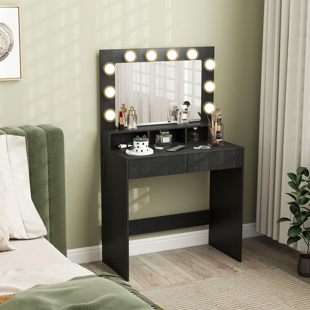 Coiffeuse avec miroir à éclairage LED, station de charge et tiroirs, noire