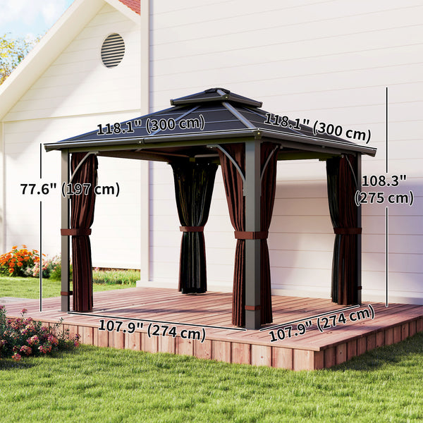 10' x 10' Hardtop Gazebo with 7mm Double Polycarbonate Roof, Outdoor Gazebo with Netting and Curtains, Coffee