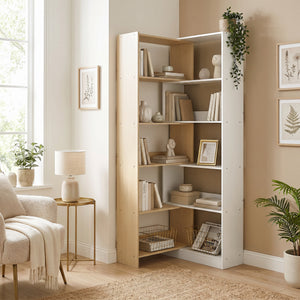 Bibliothèque en L à 5 niveaux avec rotation à 350°, design bicolore, bois fruitier/blanc