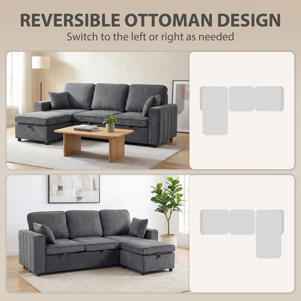 Canapé-lit d'angle modulable avec pouf de rangement réversible avec coussin à ressorts, gris foncé
