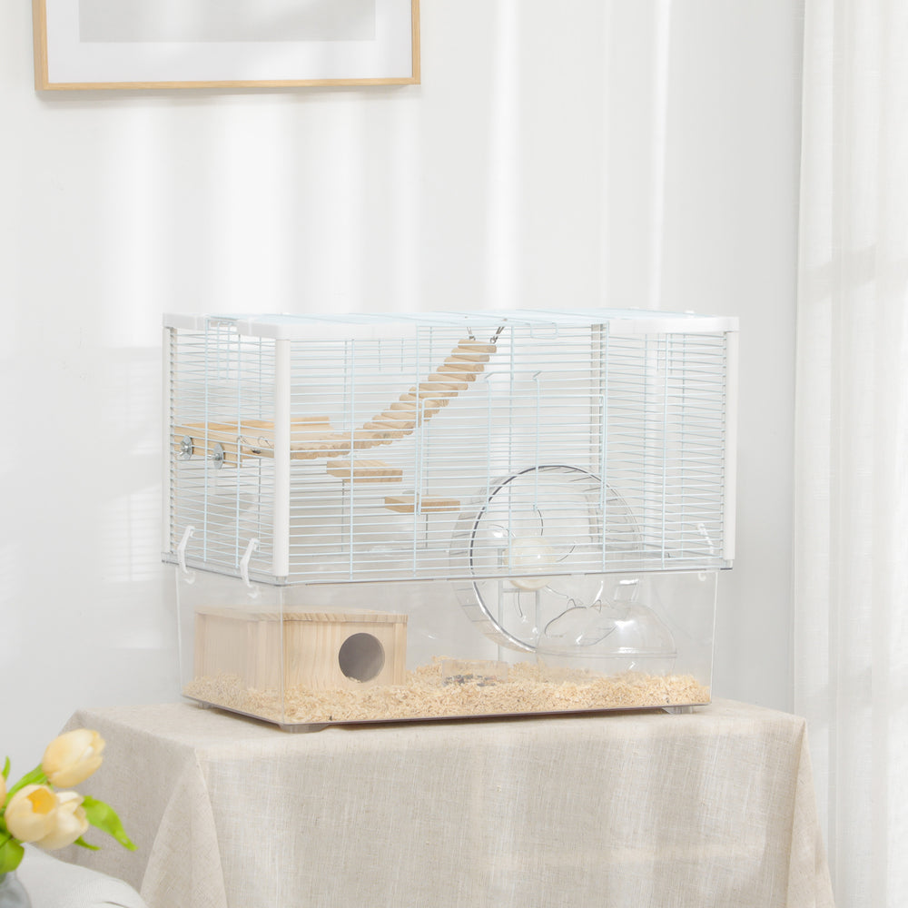Cage pour hamster avec fond profond, rampe en bois, cabane, salle de bain et roue d'exercice pour hamster et gerbille, blanche