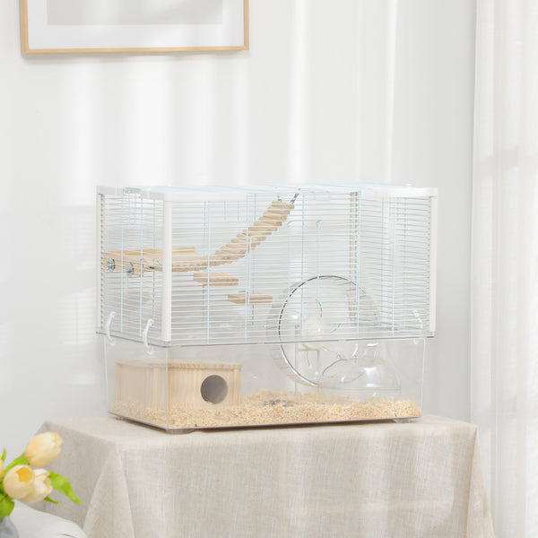 Cage pour hamster avec fond profond, rampe en bois, cabane, salle de bain et roue d'exercice pour hamster et gerbille, blanche