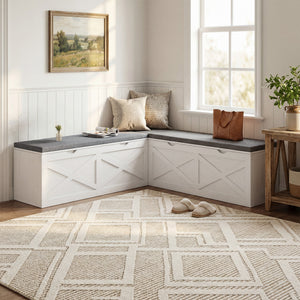Banc d’entrée modulaire avec 5 rangements cachés et coussins rembourrés – Blanc effet bois
