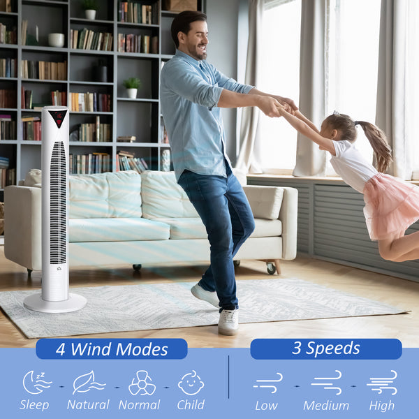 Ventilateur tour autonome avec 3 vitesses, minuterie 12 h, oscillant, panneau de capteur LED, télécommande, blanc
