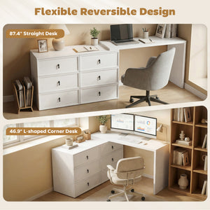 L Shaped Computer Desk Home Office Desk with 6 Drawers White Wood Grain