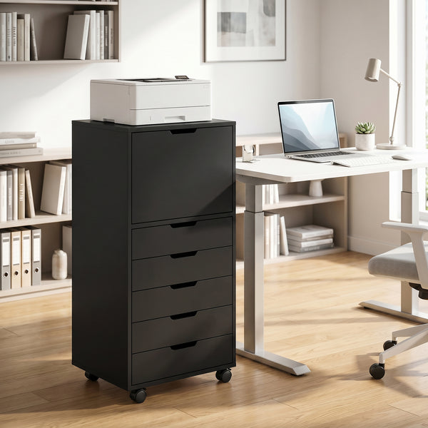 File Cabinet on Wheels Mobile Printer Stand with 5 Drawers for Home Office Black