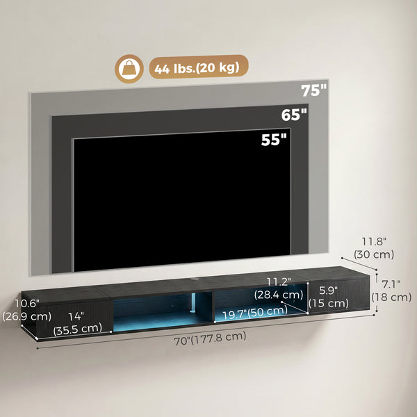 Meuble TV avec lumières LED RVB, centre de divertissement avec étagères ouvertes pour téléviseur de 75 pouces, grain de bois noir