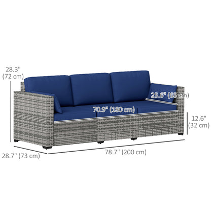 Outsunny 3 Seater Outdoor Sofa with Cushions, Synthetic Rattan Garden Sofa with Cushions for Garden, Poolside, Dark Blue