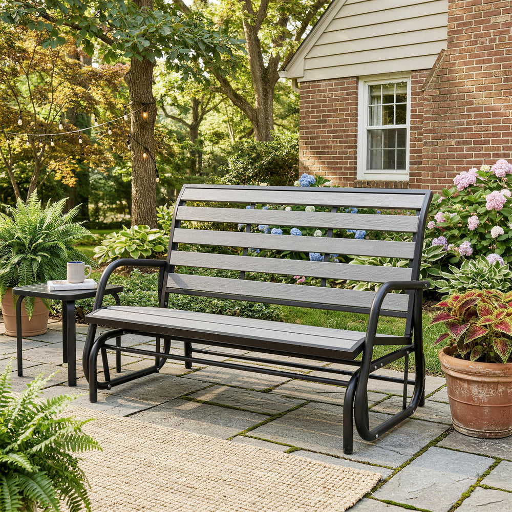 Outdoor rocking bench for 2 people with wood-effect slatted seat and backrest, steel frame, gray