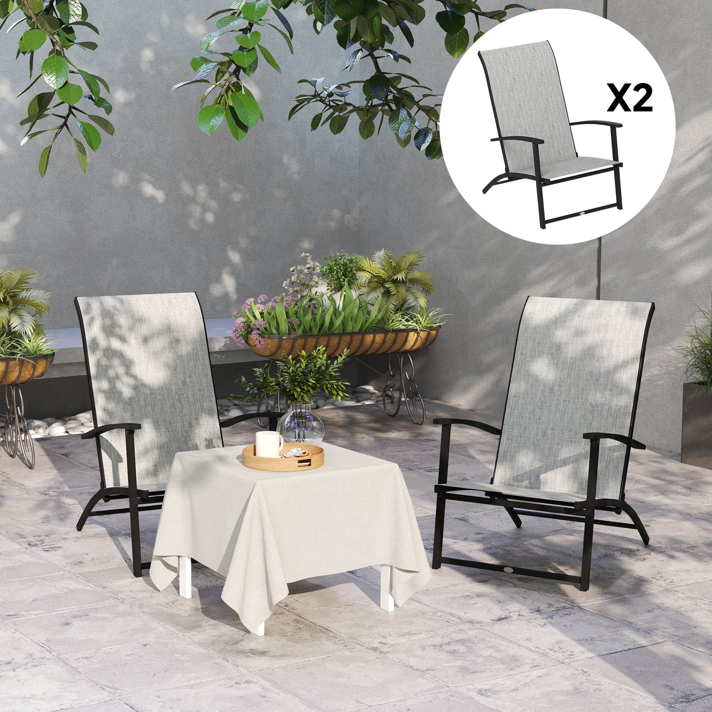 Outsunny Set of 2 Folding Garden Chairs, Outdoor Folding Chairs with Armrests, High Back for Balcony, Grey