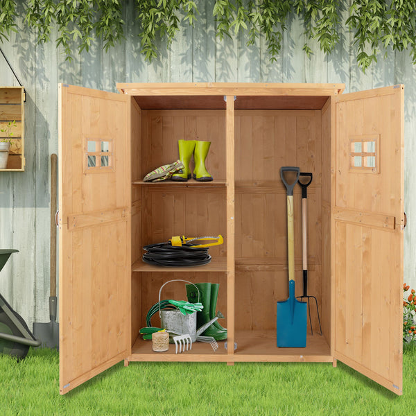 Abri de jardin en bois avec fenêtres et double porte, bois naturel