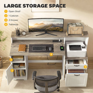 Computer Desk with Power Outlets Office Desk 1 Cabinet File Drawer Gray Brown White