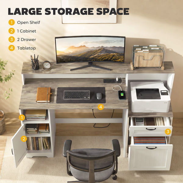 Computer Desk with Power Outlets Office Desk 1 Cabinet File Drawer Gray Brown White