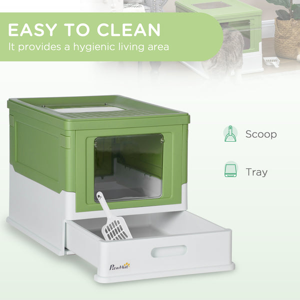 Enclosed litter box with scoop and tray, green