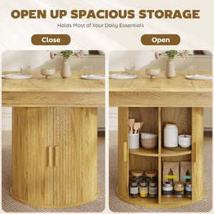 Extendable Dining Table for 6, 60" Farmhouse Kitchen Table with 2-Tier Storage Shelf and Fluted Sliding Doors, Natural
