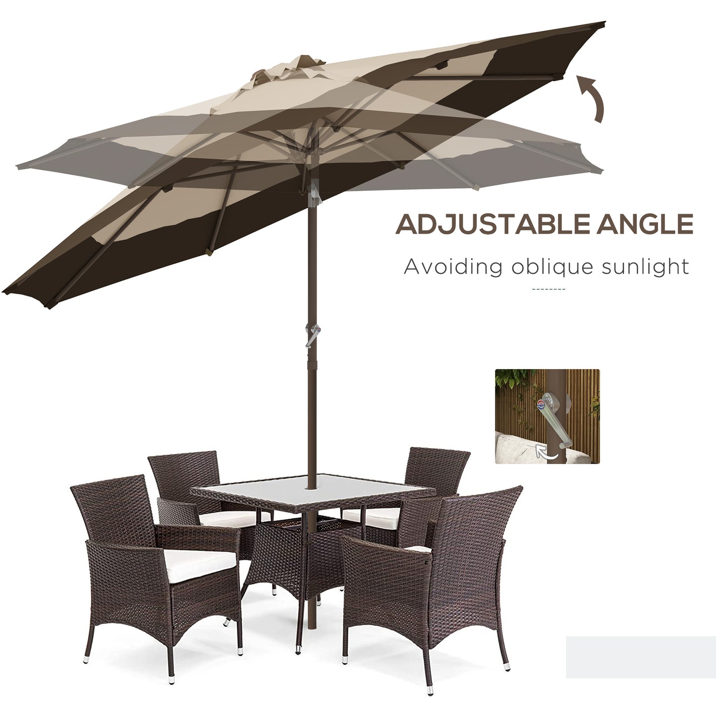 Parasol d'extérieur 9 x 9 pi inclinable avec manivelle, marron foncé