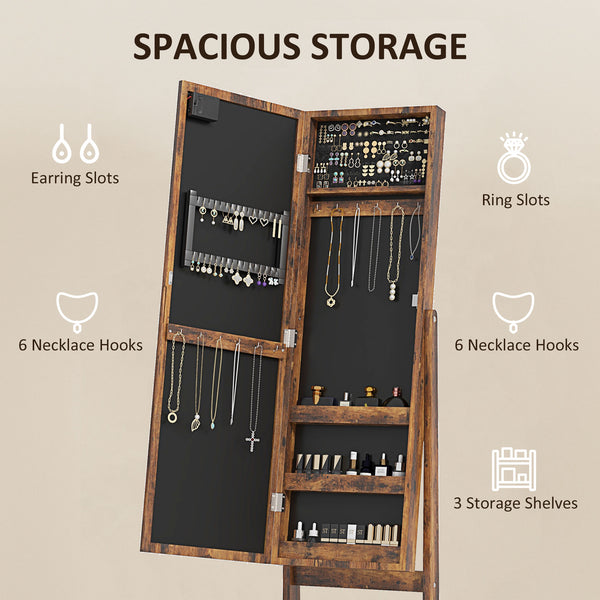 Armoire à bijoux autoportante avec miroir éclairé, angle réglable et 16 LED, couleur marron rustique
