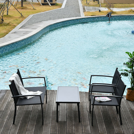 Outsunny 4 Piece Garden Furniture Set with Glass Coffee Table, Breathable Mesh Seat and Backrest for Garden and Balcony, Black