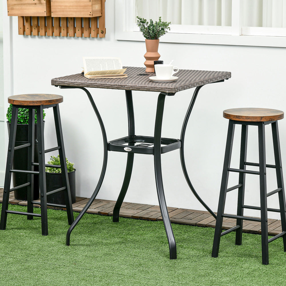 Table basse d'extérieur en résine tressée avec trou pour parasol, gris clair