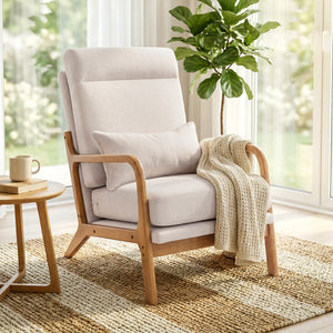 Fauteuil d'appoint moderne en lin avec coussin lombaire, dossier haut, assise large, coussin épais, structure en bois massif, blanc crème