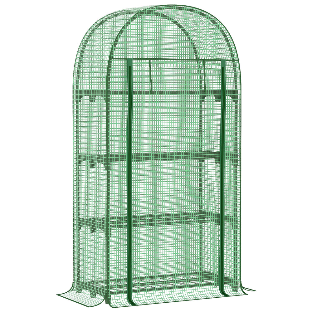 Mini outdoor greenhouse with storage shelves