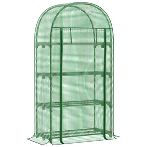 Mini outdoor greenhouse with storage shelves