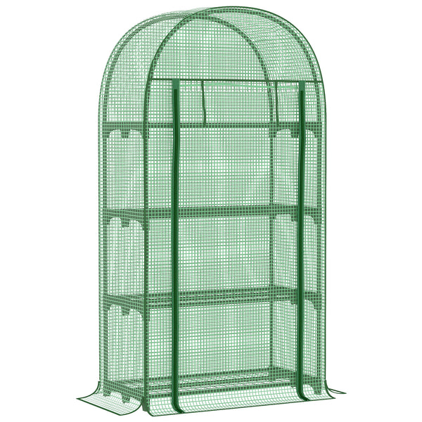 Mini outdoor greenhouse with storage shelves