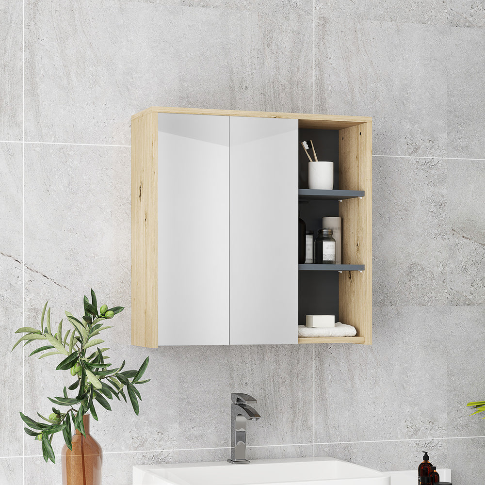 Armoire murale de salle de bain avec miroir et 5 espaces de rangement – Effet bois naturel