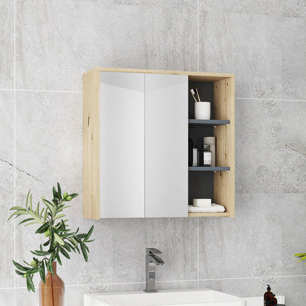 Armoire murale de salle de bain avec miroir et 5 espaces de rangement – Effet bois naturel
