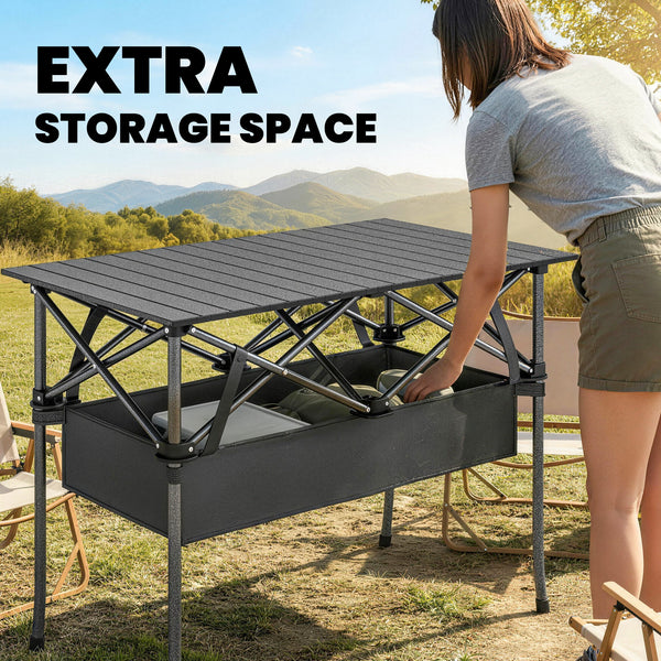 Table de camping pliante avec filet de rangement, sac de transport et structure métallique, noire