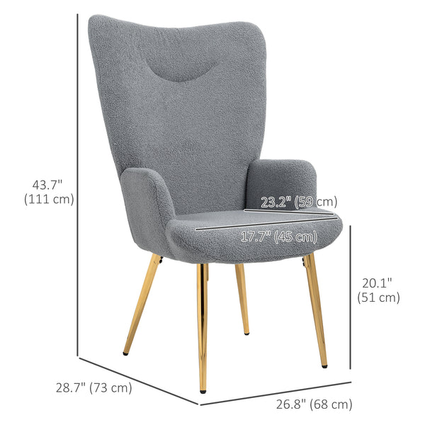Fauteuil d'appoint en tissu Sherpa avec pieds en métal, gris