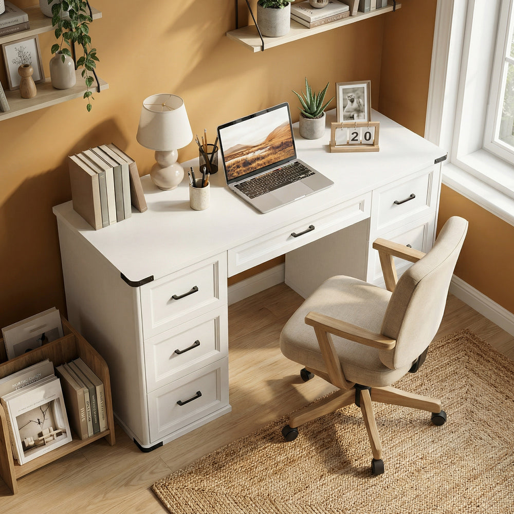 55" Computer Desk with 7 Drawers, Farmhouse Executive Desk for Home Office, Study, Bedroom, White Wood Grain