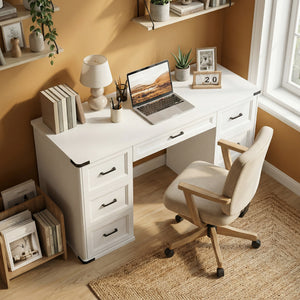 55" Computer Desk with 7 Drawers, Farmhouse Executive Desk for Home Office, Study, Bedroom, White Wood Grain