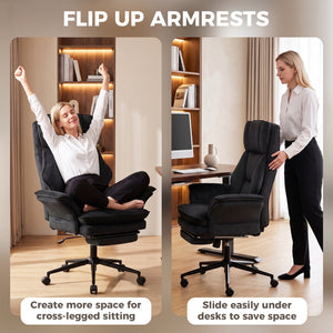 Chaise de bureau inclinable en velours avec repose-pieds et accoudoirs relevables, noir