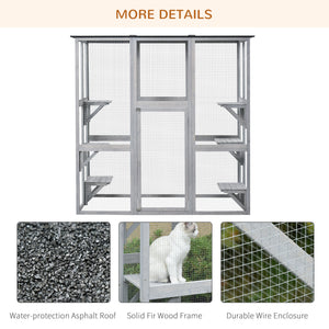 Large outdoor cat enclosure weatherproof with asphalt roof with 6 balanced platforms, 180 x 100 x 180 cm, grey